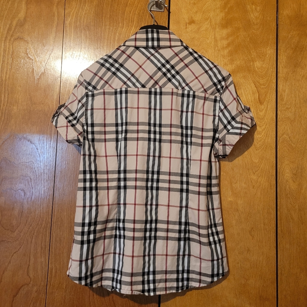 Burberry Beige, Black & Red Plaid Short Sleeve Button Down Shirt - Picture 8 of 15